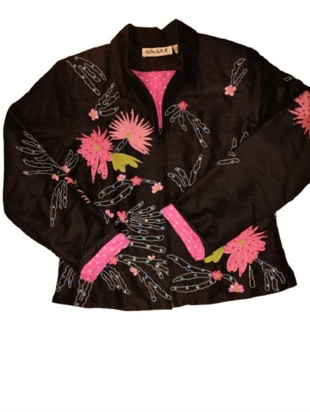 ANAGE 100% Silk Embroidered Floral Zip Jacket - Small - Black/Pink Boho Luxe